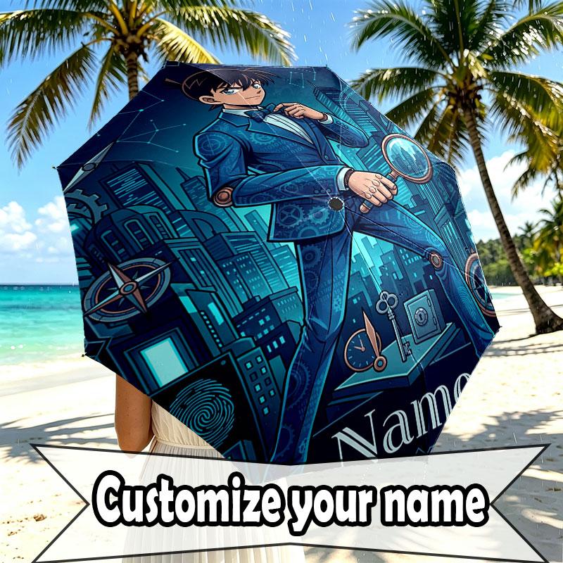 Custom Name Personalized Detective Conan Print Umbrella, Auto Open Close, 8‑Rib Sturdy Frame, Commute Camping Hiking Use, Birthday Gift