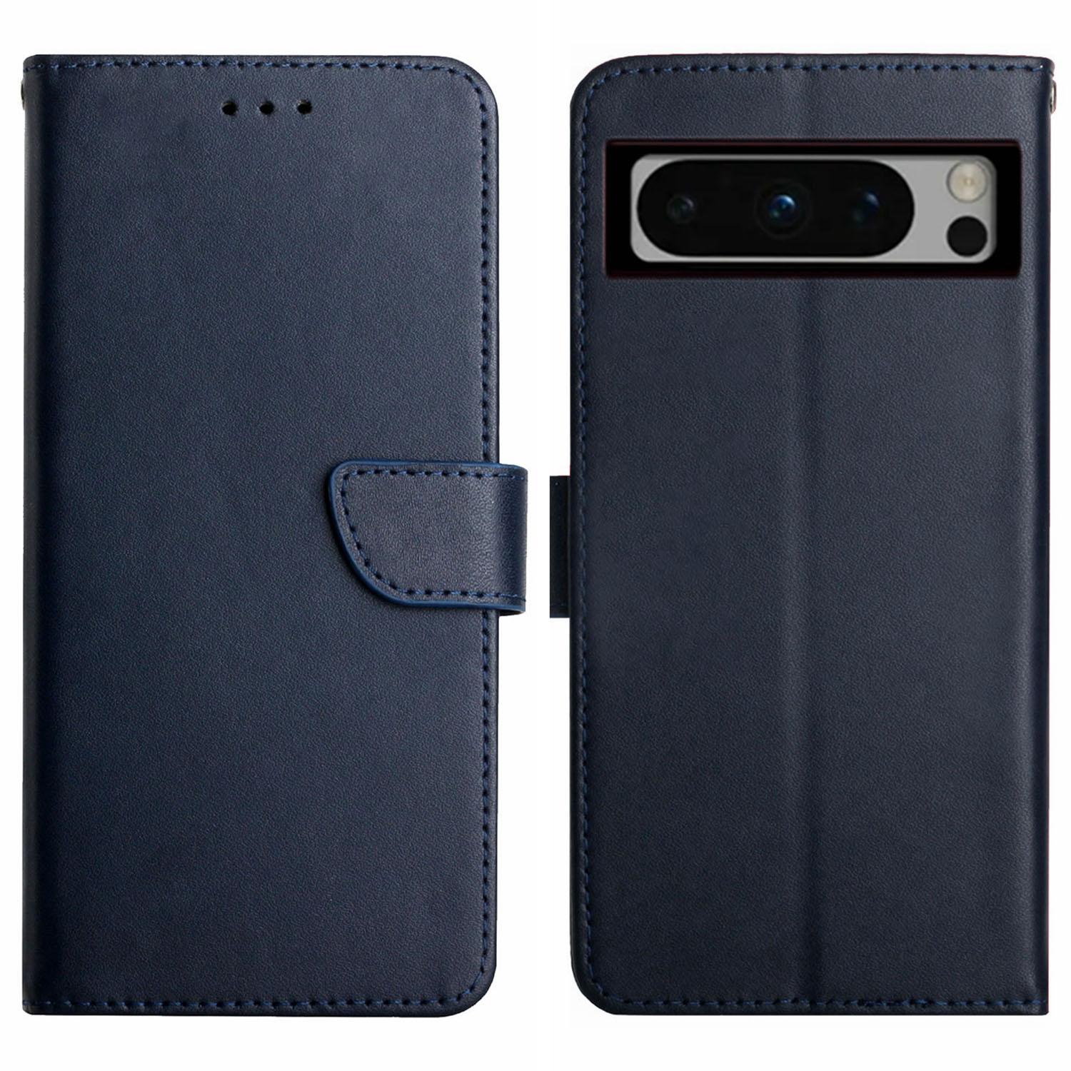 

HT02 For Google Pixel 8 Pro Shockproof Wallet Phone Cover Genuine Cow Leather Phone Stand Cover Blue