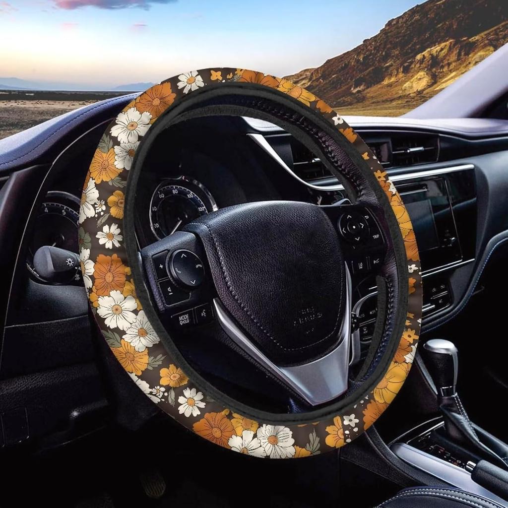 15inch Cow Sunflower Auto Steering Wheel Cover for Women Men Sunflower Lover,Brown Cowhide Steering Wheel Cover Protector Accessory Elastic and Anti