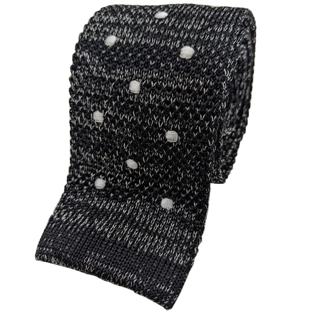 Knitted Tie, 100% Silk, Solid Color, Border, Dot Pattern, Silk, Business, Casual, Stylish, Men s (M Dot Black)