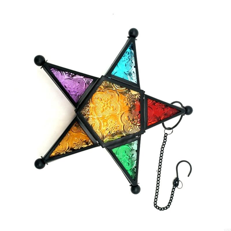 62KD Wind Resistant Tealight Lanterns Holder Colored Glass Panel and Iron Frame Moroccans Lamp Stand for Patios Garden Decors