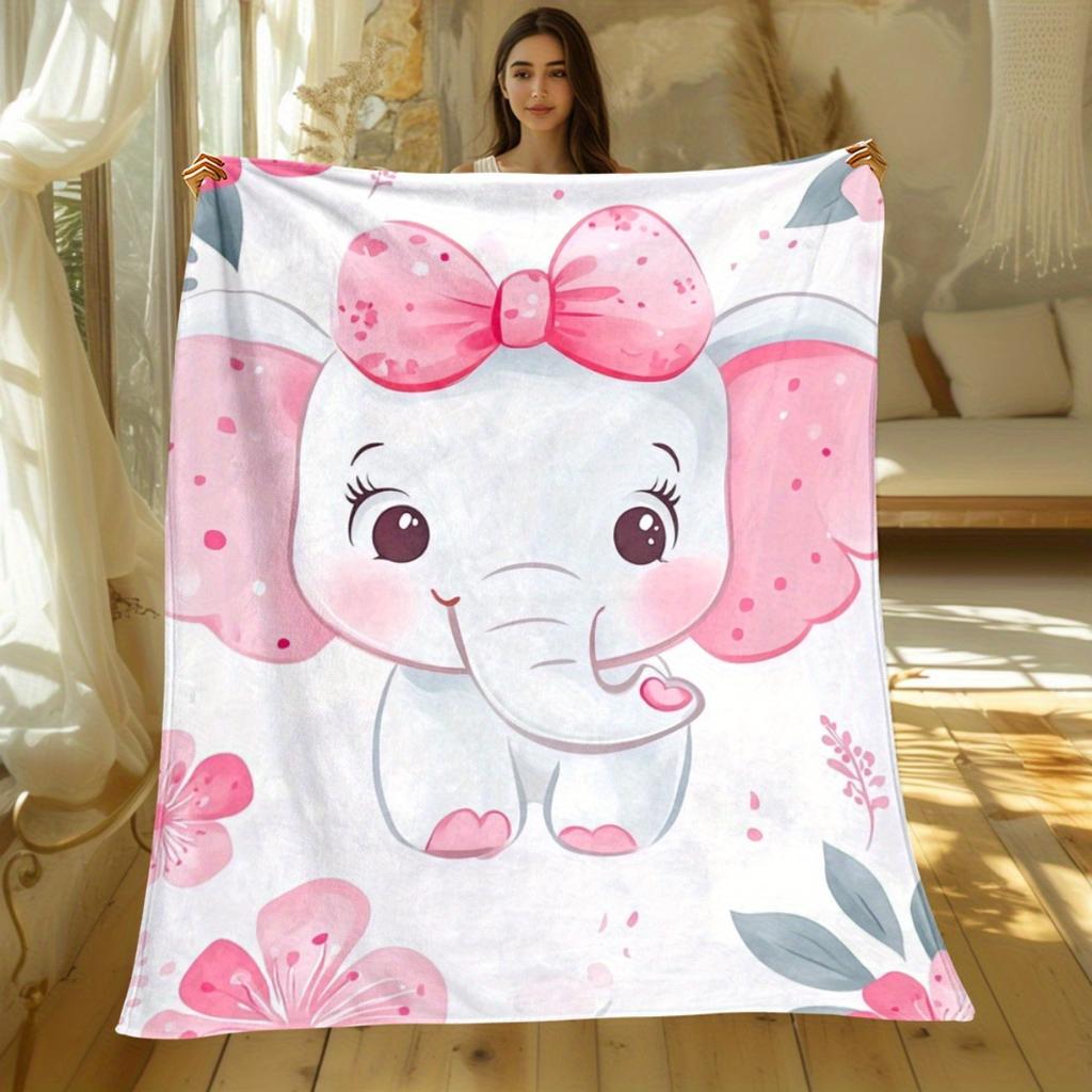 Cute Elephant Fleece Blanket Pink Bow Cartoon Animal Soft Flannel Throw Bed Cover Kids Nursery Decor Gift for Baby Girls