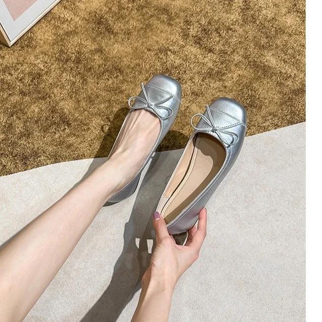 Fashion 2025 New Gold Silver Elegant Bowknot Round Toe Women's Flat Comfort Slip-On Ladies Ballerina Single Mules Shoes Zapatos Mujer