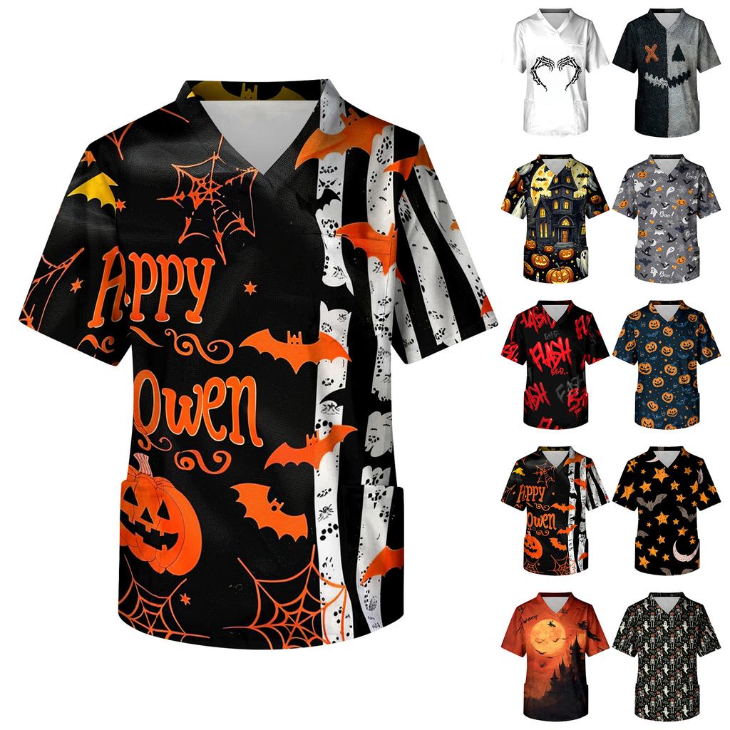 Men's Short Sleeve V Neck Halloween Print Medical Scrub Top with Chest Pocket and Two Lower Pockets Suitable for Healthcare Professionals