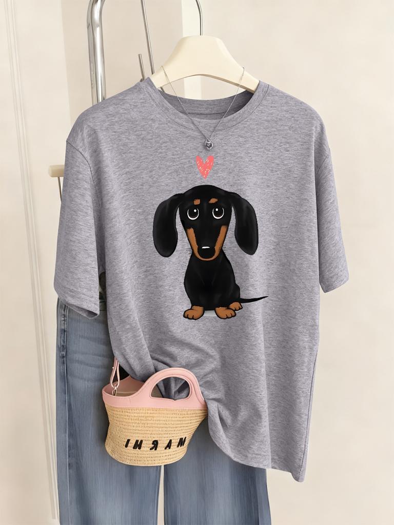 Dachshund With Heart Prints TShirt Womens Summer ONeck T Shirts Comfortable Loose Short Sleeve Tops Casual Soft Woman Clothes