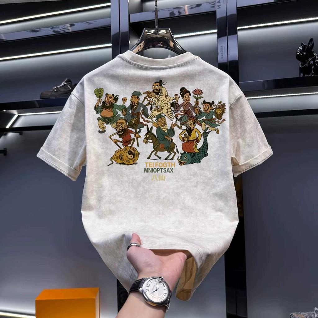 Cotton Round Neck Trendy Tops, Fashionable and Versatile Men's T-shirts, Loose Printed Short Sleeves for Couples