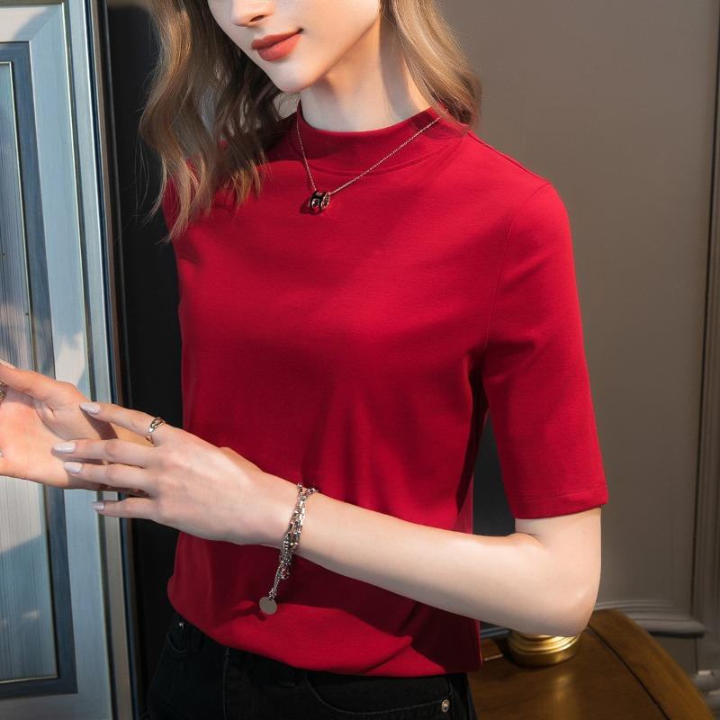 Early autumn new women's clothing medium-sleeved small stand-up collar design sense half-sleeved women's thin t-shirt top women