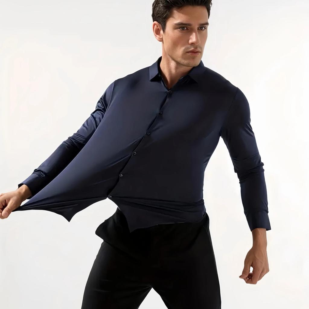Men Long Sleeve Stretch Dress Shirt Slim Fit Solid Black Wrinkle Free Business Casual Top