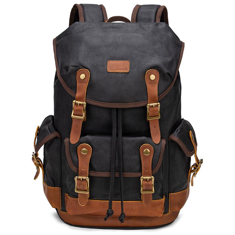 

Canvas Backpack Casual Men S Backpack Retro First Layer Cowhide Outdoor Travel Waterproof Backpack чорний