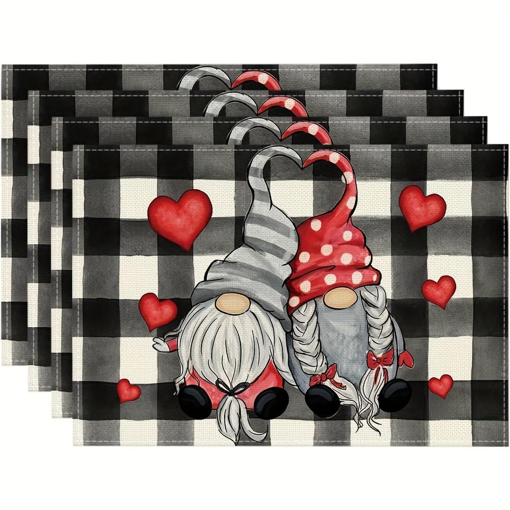 4pcs,Buffalo Plaid Hearts Gnomes Love Valentine's Day Placemats Set of 4, 12x18 Inch Anniversary Wedding Holiday Table Mats for Party Kitchen Dining D