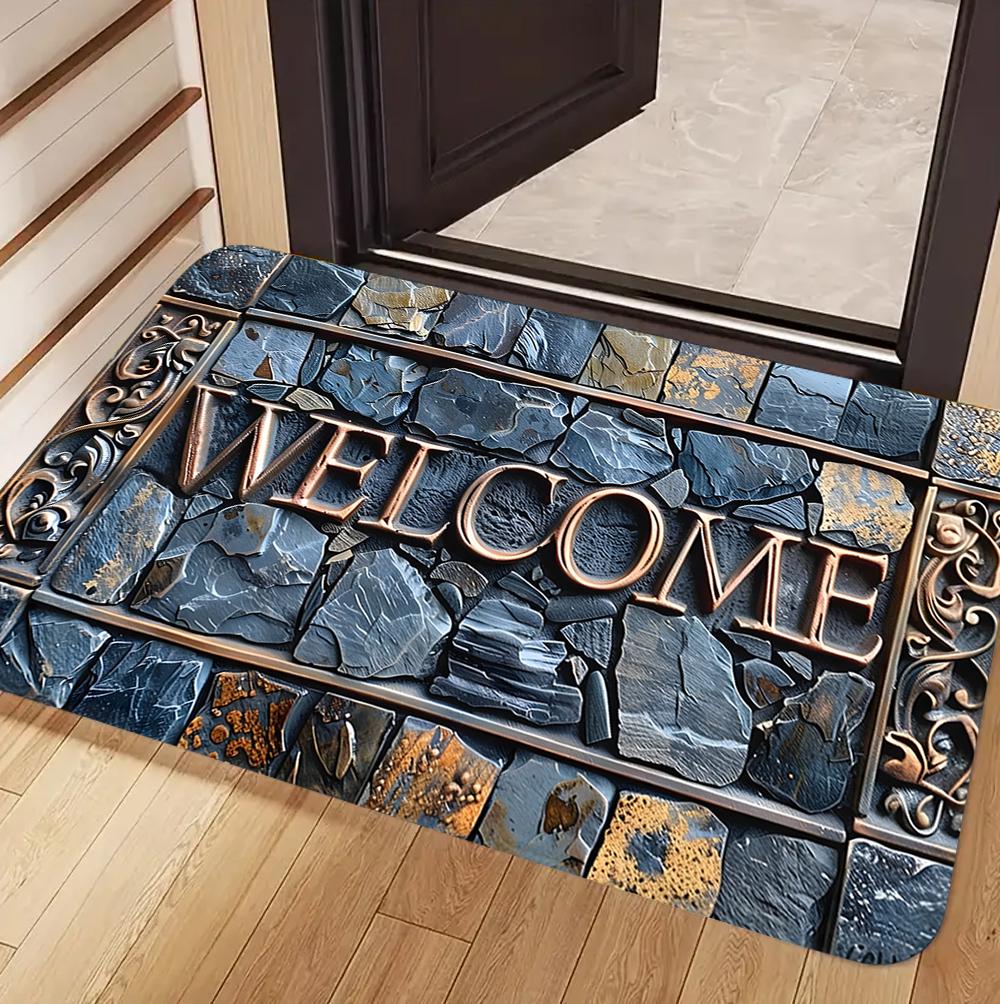 WELCOME Doormat with Stone and Wood Plank Design Non-Slip Entrance Mat for Front Door Home Decor Indoor Outdoor Welcome Rug Gift