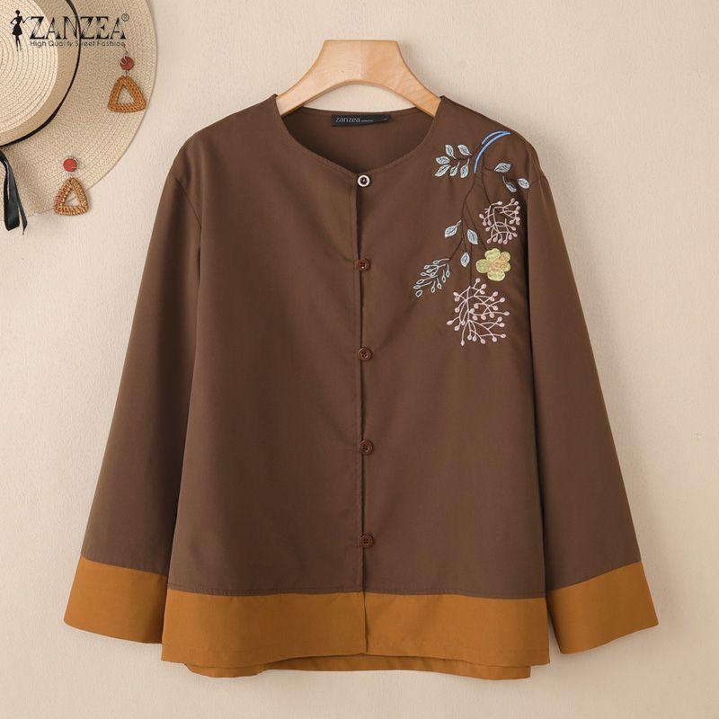 ZANZEA Women Casual Round Neck Loose Long Sleeve Print Blouse