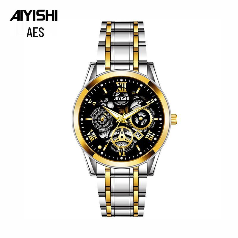 Men's Stainless Steel Waterproof Quartz Watch, Fully Automatic, Luminous, with Calendar and Steel Band