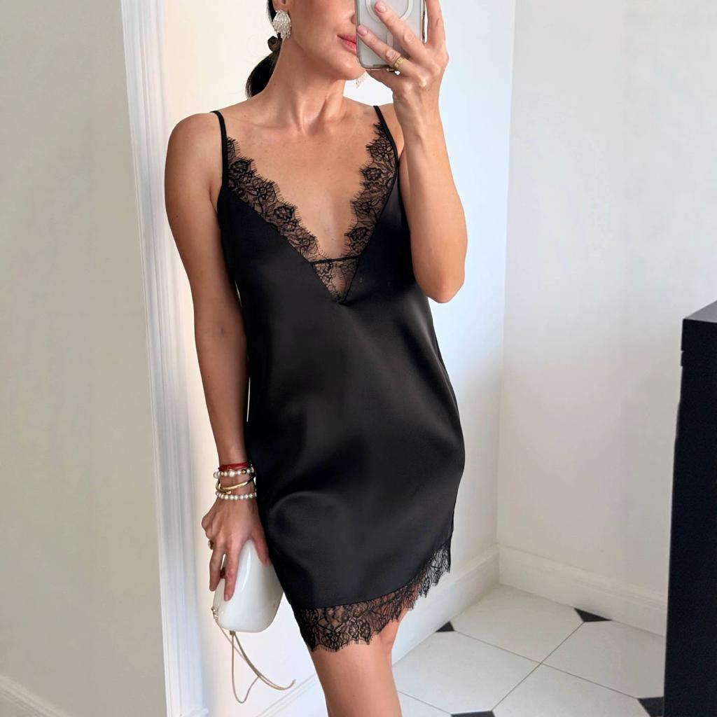 European and American women's clothing summer new sexy temperament V-neck lace splicing slim suspender dress