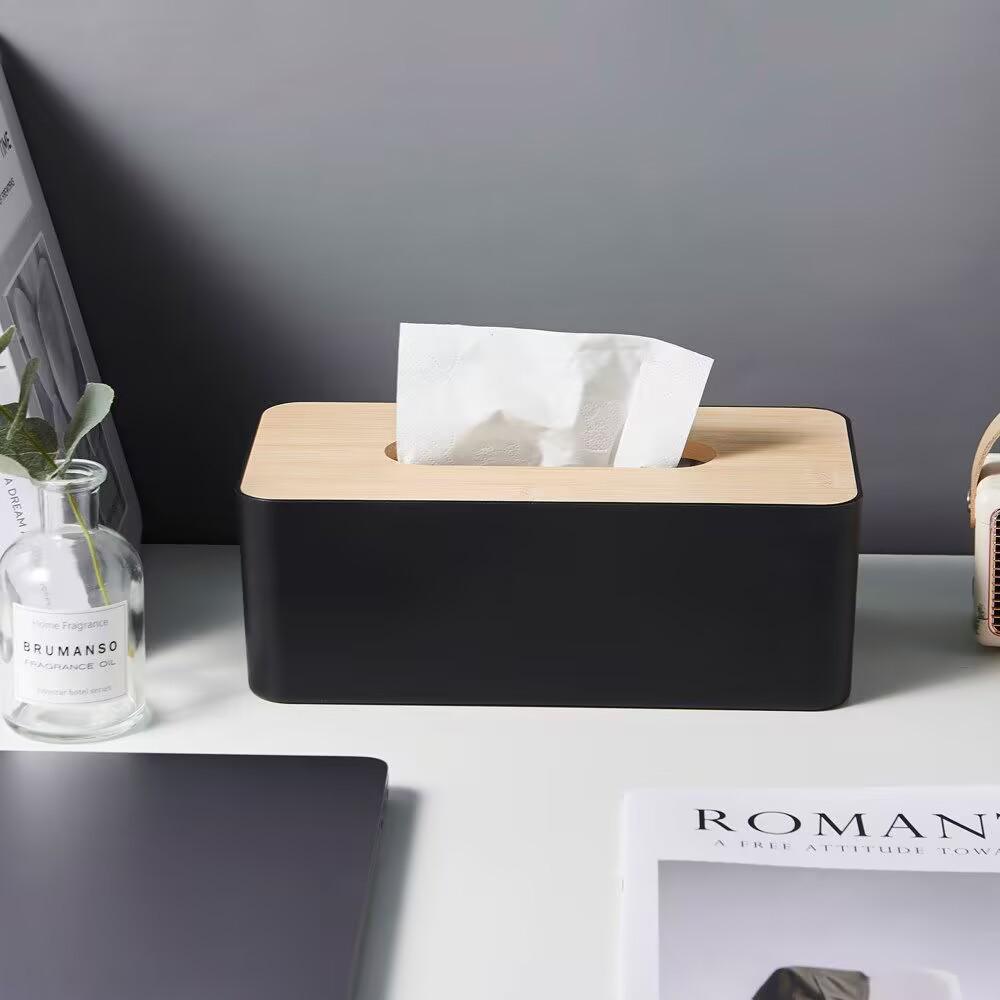 Japanese Wooden Tissue Box with Remote Control Storage