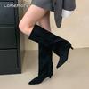 Mid Heel Women's Black Mid-Calf Boots Slip on Pointed Toe Shoes Elegant Office Ladies Suede Autumn Long Boots for Women Size35