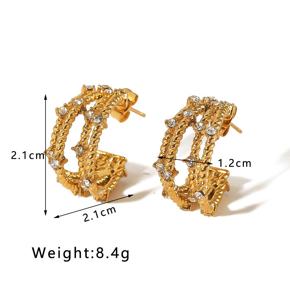 Goldfarbene Creolen für Damen mit eingelegten Zirkonia, besetzt, Stecker, Sommer