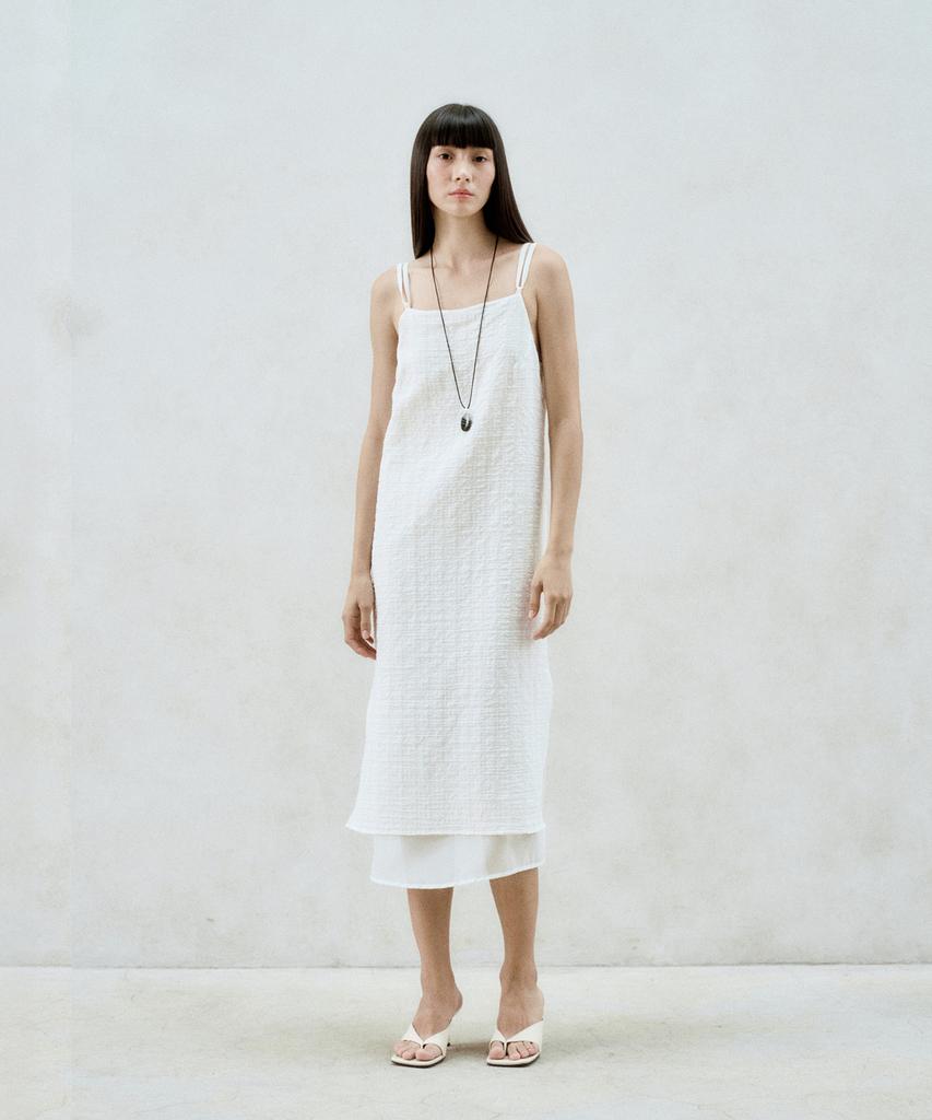 Rie Checked-Chiffon Layered Midi Dress White