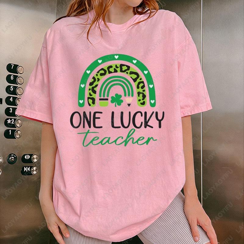 St Patricks Day One Lucky Teacher Cotton Tees Rainbow Lucky Shamrock Graphic T Shirts Teacher Unisex Shirt Funny Holiday Gifts