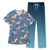 Women's Short Sleeve V Neck Animal Print Chest Pocket Work Top Elastic Waist Pants Two Piece Work Set
