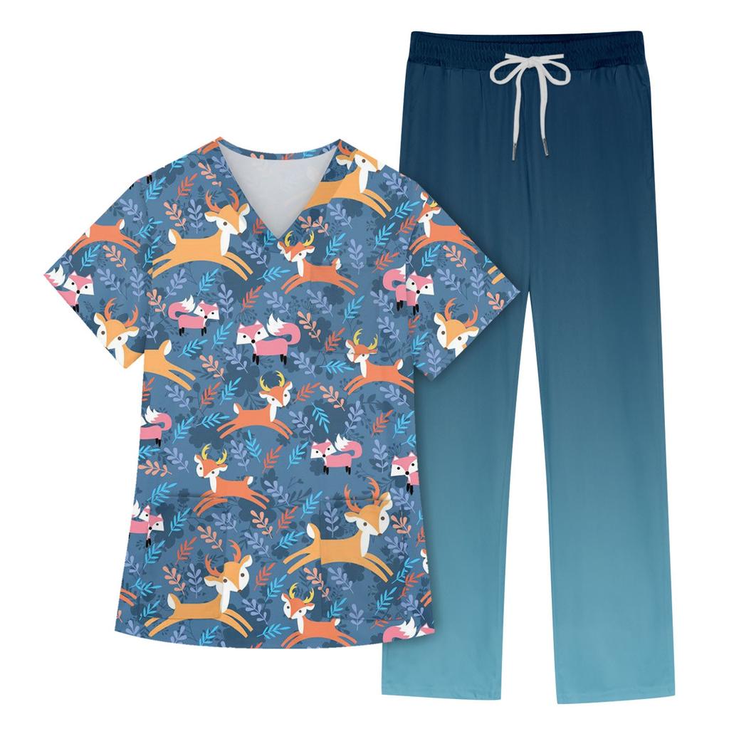 Women's Short Sleeve V Neck Animal Print Chest Pocket Work Top Elastic Waist Pants Two Piece Work Set
