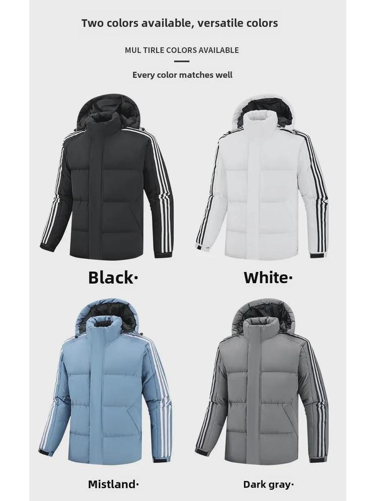 Pánská bavlnou polstrovaná bunda s kapucí, Velikost M-8XL, Zimní teplo, Ležérní design se třemi pruhy