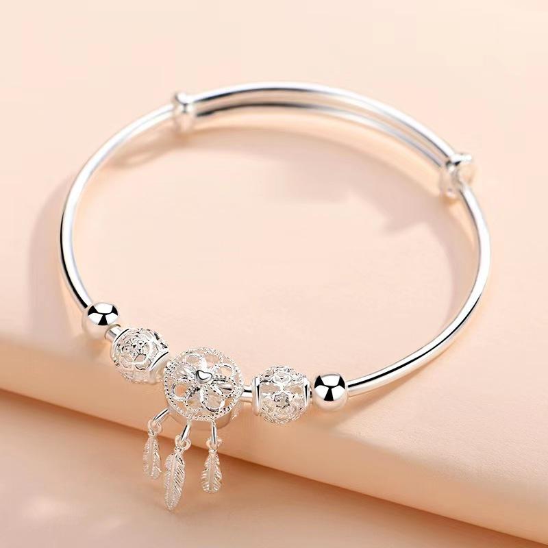 925 Silver Bracelets For Women Adjustable Bangle Dreamcatcher Tassel Feather Round Bead Charm Bracelet Wedding Jewelry