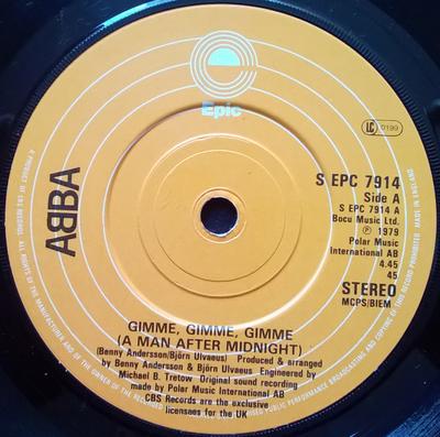 7inch Record ABBA  Gimme Gimme Gimme A Man After Mi SEPC7914 Epic 1979 UK Pop Used