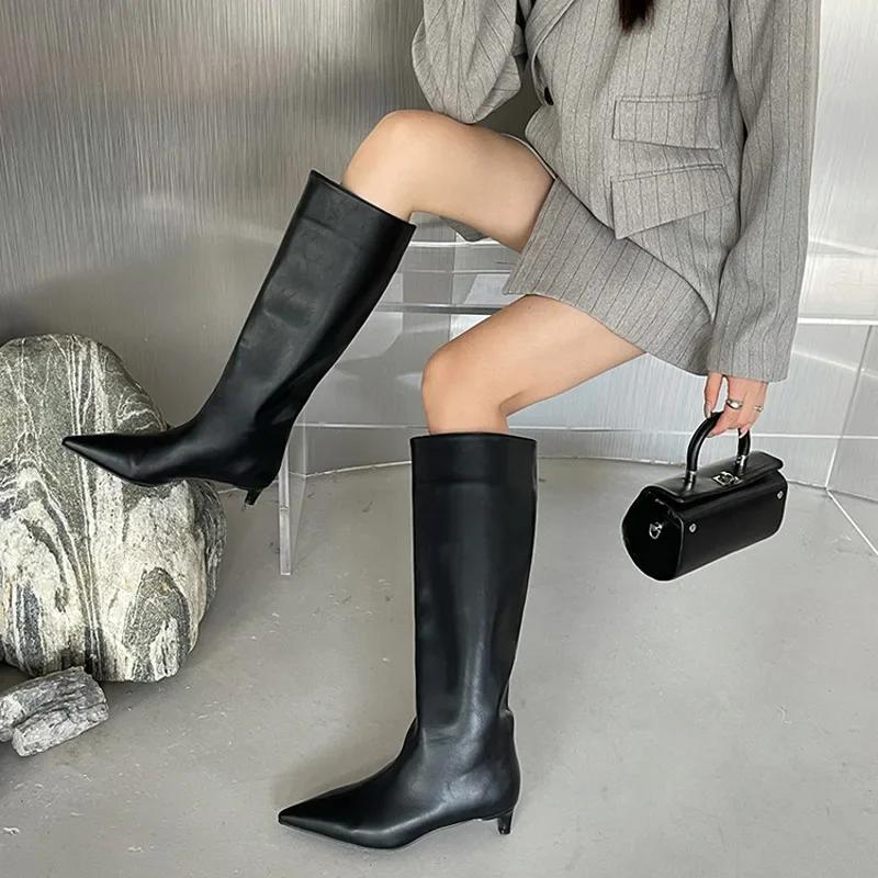 Pointed Toe Women High Boots Leather Fashion Sexy Heels Shoes Woman 2026 Trend New Snow Boots Low Heels Elegant Goth Mujer Botas
