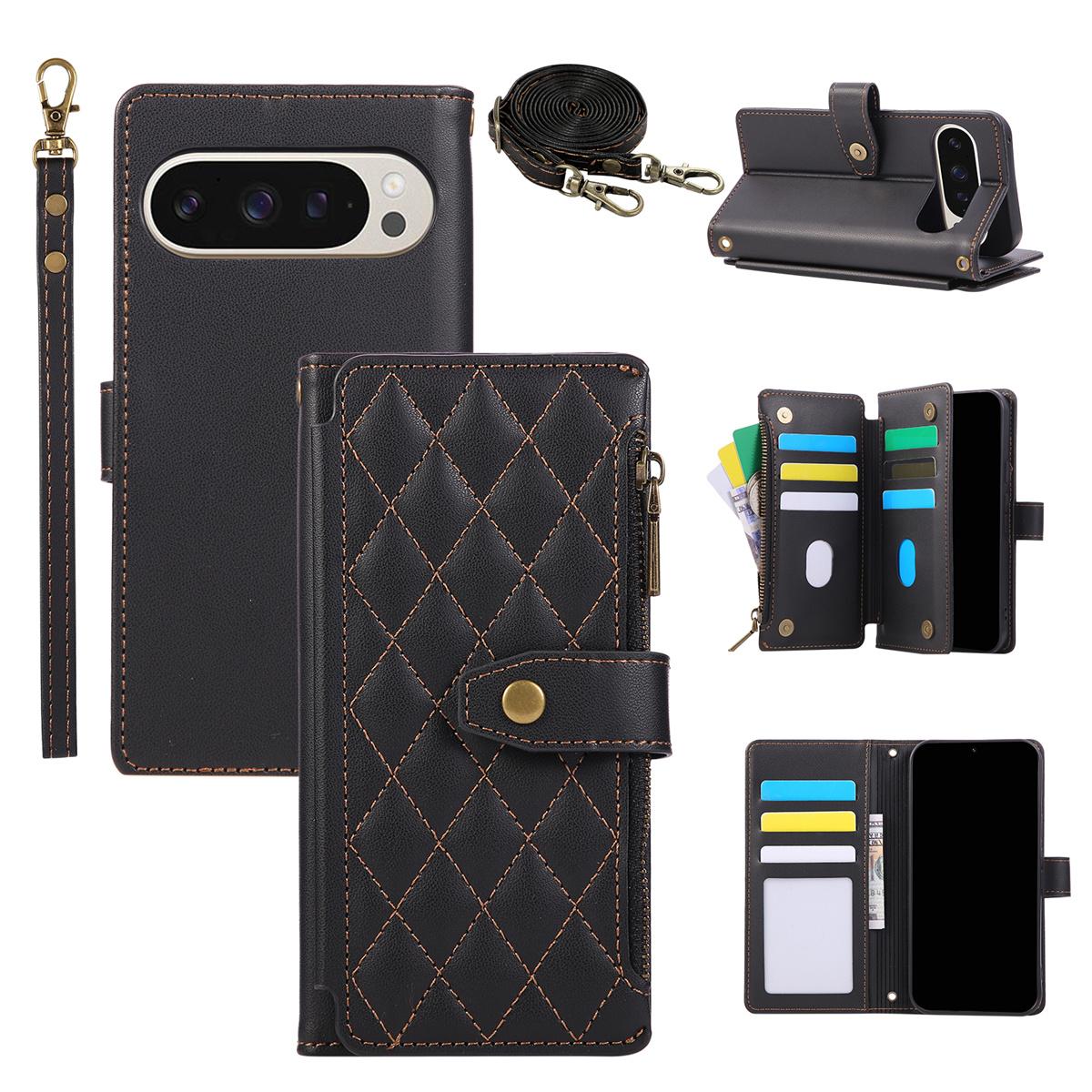 

Wrist Rope Flip Stand For Google Pixel 10 9 Pro XL 8 8A 9A 7 7A 6A Crossbody Leather Zipper Wallet Card Slots Phone Case Cover Google Pixel 9 чорний