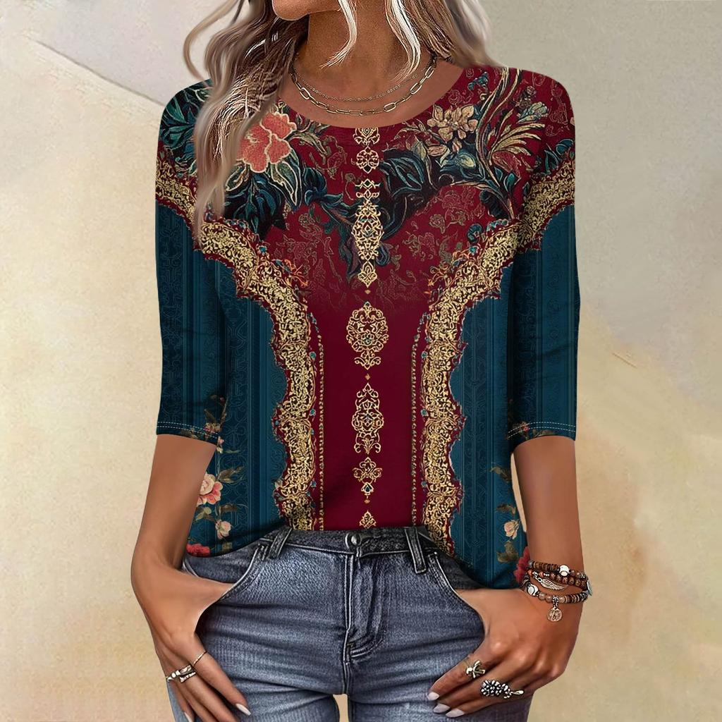 Trendy Vintage 3/4 Sleeve Top For Women,Ladies Casual Three Quarter Sleeve Round Collar Printed T-Shirt Blouse