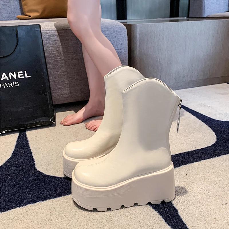 

Модные 9 см панк-ботинки на толстой платформе для мотоциклистов, женские толстые нескользящие армейские ботинки, женские черные, белые кожаные ботинки до щиколотки 40 бежевый