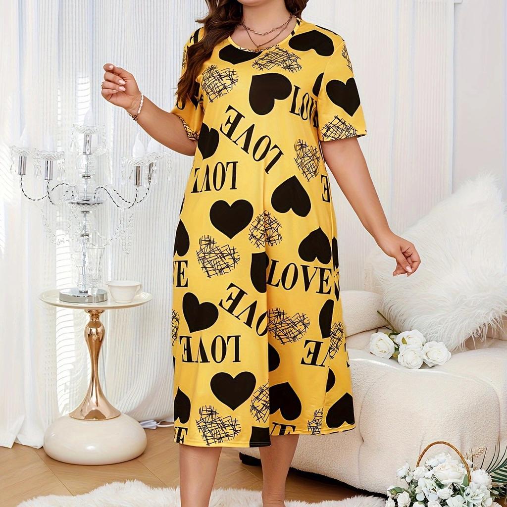 Large size nightdress yellow love print milk silk fresh and fresh home style fat MM loose short-sleeved nightdress