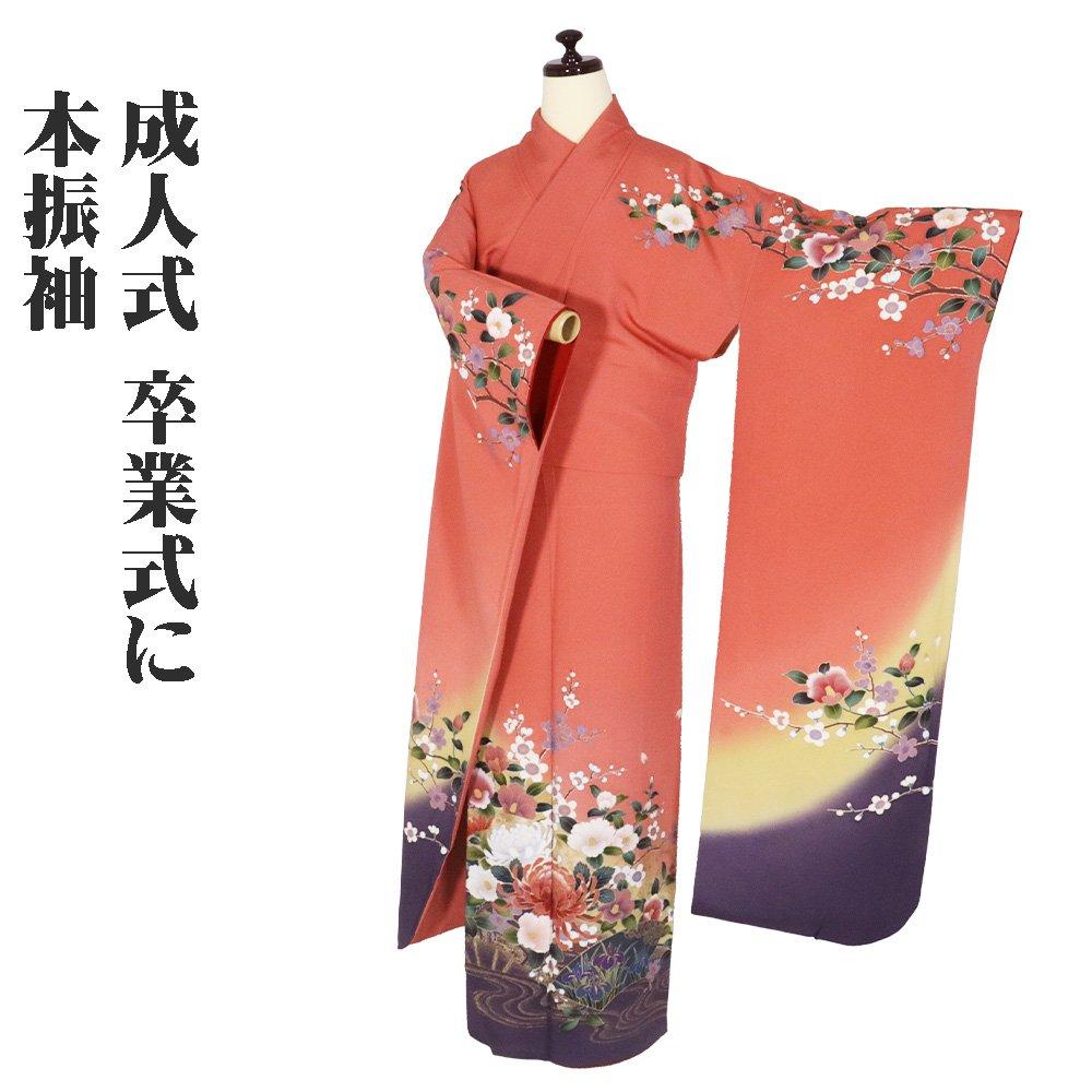 

Special sale item Genuine long-sleeved kimono, pure silk, dark pink, plum, camellia, chrysanthemum, LL size ki16081, beautiful item, tall size