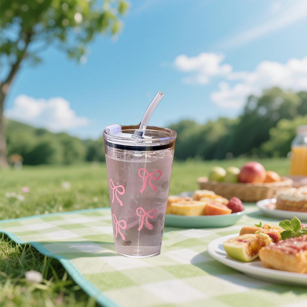 1/2/3pcs 450ml Pink Bow Plastic Cup With Straw And Lid Transparent Milk Coffee Drink Mug Household Travel Ins Water Drinking Cup