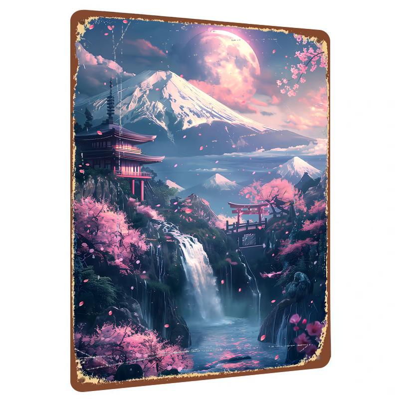 

Japanese Fuji Mountain Sakura Temple Landscape Metal Iron Painting Living Room Decorative Wall Art 20x30cm（7.8x11.8inch）