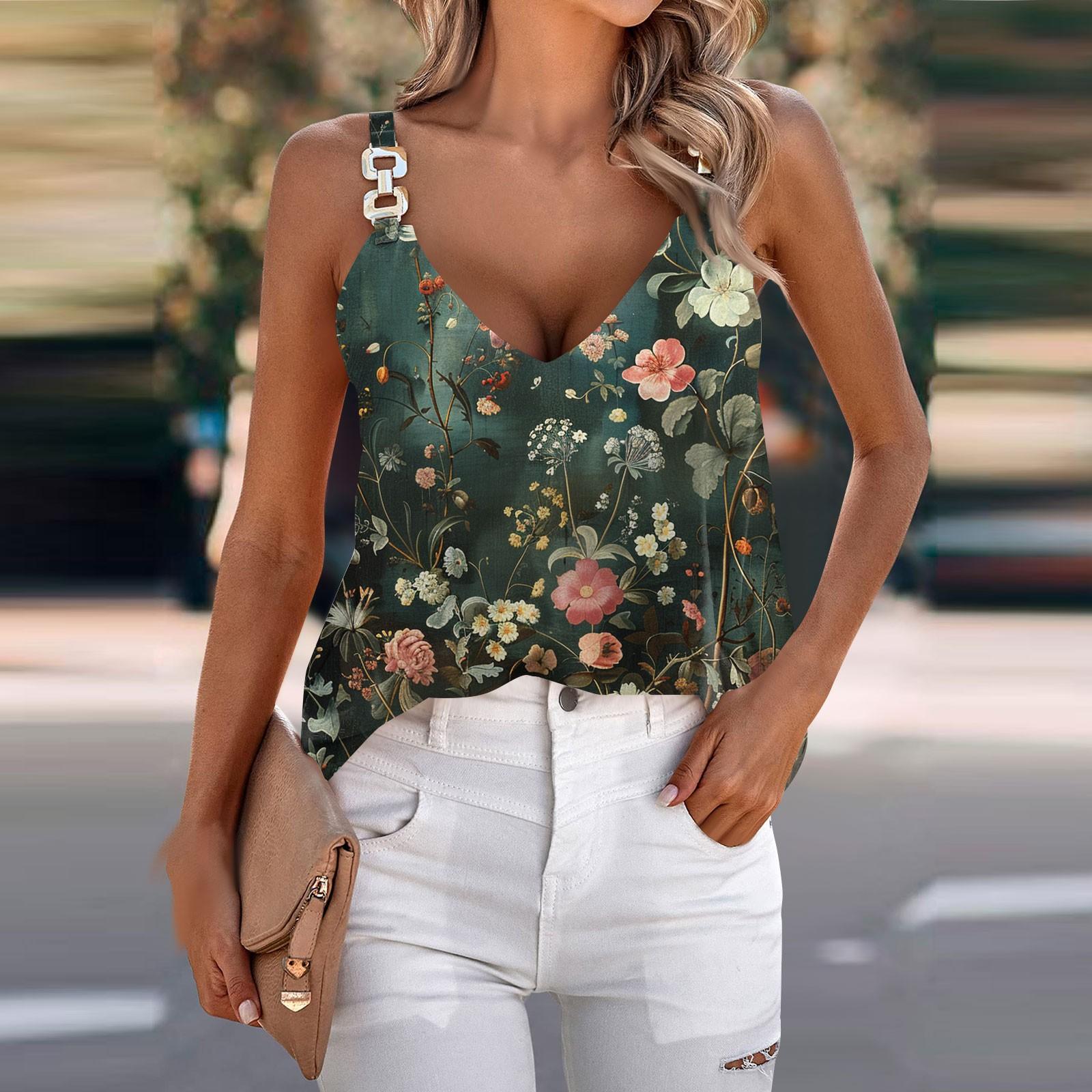 Womens Summer Tank Tops Strap Casual Loose Fit V Neck Sleeveless Print Tops L