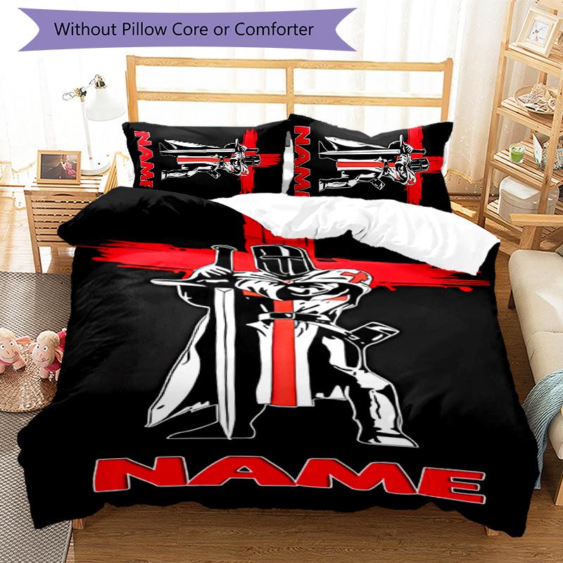 3pcs Custom Name Cartoon Knights Templar Bedding Set Duvet Cover Closure Includes 1 Duvet Cover & 2 Pillowcases for All Seasons Bedroom Decor