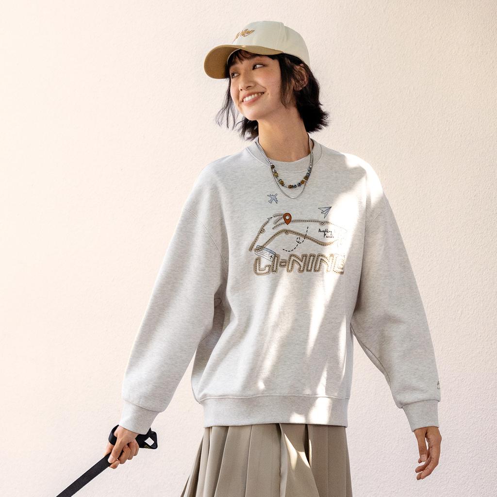 Li Ning Sports Fashion Series Far Infrared Warmth Anti-Static Anti-Bacterial Crew Neck Loose Fleece Pullover Casual Long Sleeve Sweatshirt AWDUF90-1