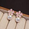 Pink Enamel Flower Big Imitation Pearl Drop Earring for Women Trend Party Jewelry Accessory Wedding Christmas Girl Gift