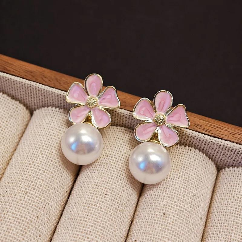 Pink Enamel Flower Big Imitation Pearl Drop Earring for Women Trend Party Jewelry Accessory Wedding Christmas Girl Gift