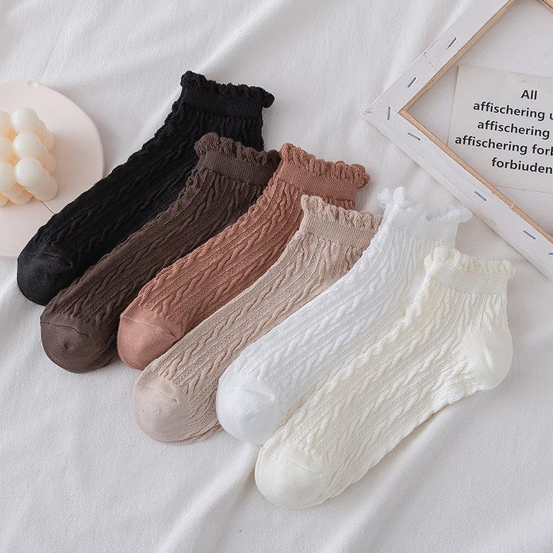 Women's Ruffle Edge Cable Knit Cotton Socks - Spring/Summer Japanese Style Short Boat Socks, Lace, Solid Colors.