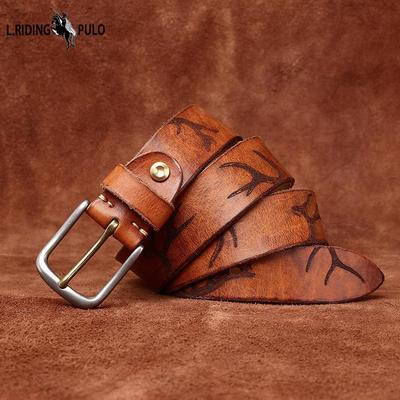 Belt Men's Retro Personality Trend Antlers Embossed First Layer Cowhide Leather Stainless Steel Buckle Jeans Belt