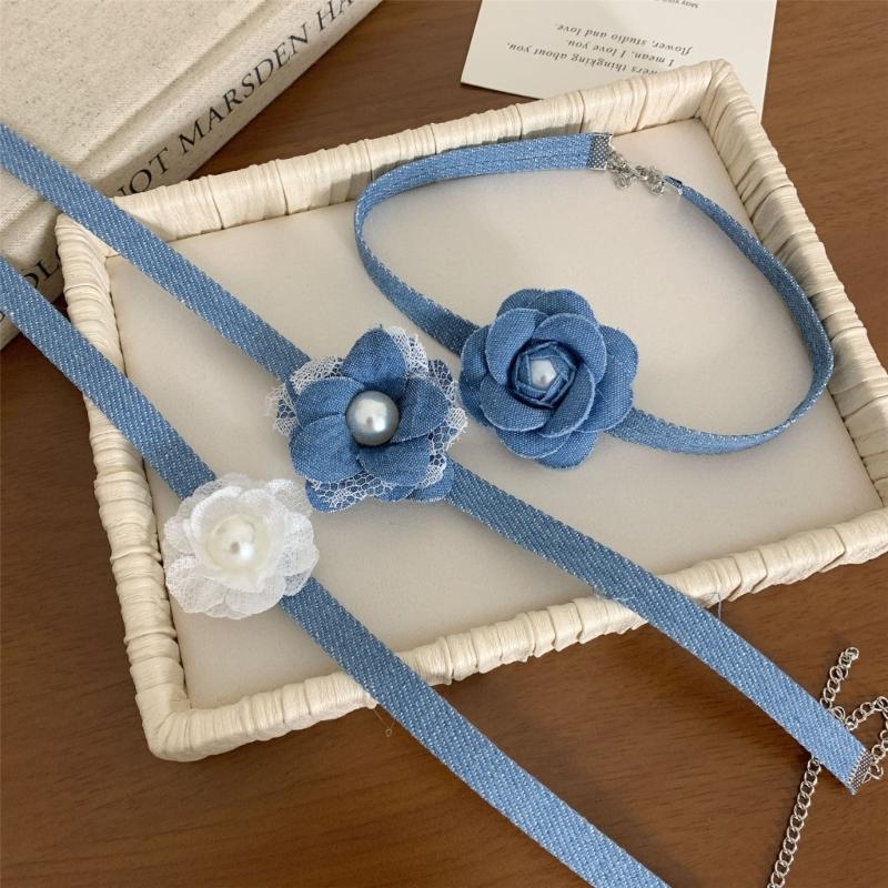 Elegante Collana Floreale in Jeans Blu Collare a Fiore 3D Catena con Lacci Choker Collane Tendenza Estiva Gioielli per la Clavicola