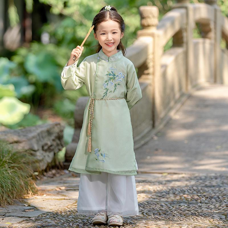 

Детский ханьфу костюм тан осени 2024 года: Костюм в китайском стиле для мальчиков и девочек 110 cm зелёный