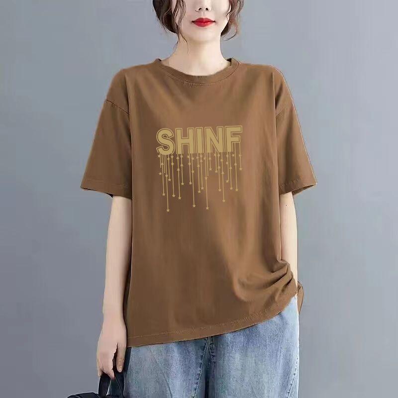 

High-grade New Cotton Printing Letter T-shirt Women Classic Short Sleeve O-collar Loose Slim Ventilate Lady Casual Top 2023 L червоний