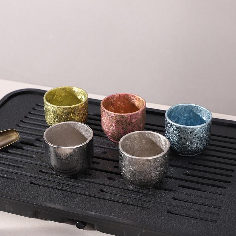 New Style Pure Titanium Double-Layer Small Teacup with Crystal Ice Flower Design