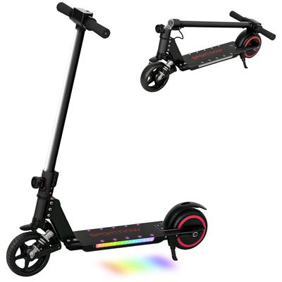 Skladací elektrický skúter pre deti, s dvojitými brzdami, predným odpružením, farebnými LED svetlami, čierny