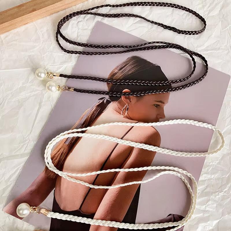 Elegant Braided Leather Pearl Belts For Women Lady Long Hemp Rope Thin Knot Waist Belt Bohemia Summer Tour Decor Waistband