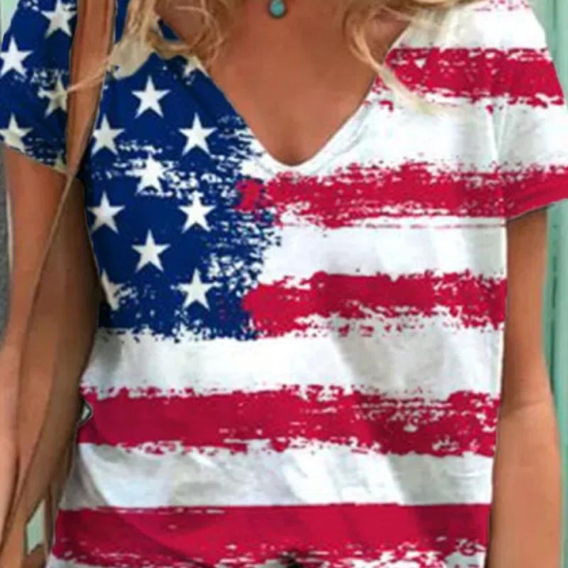 2022 Женские футболки с принтом американского флага и V-образным вырезом Одежда Женские — фото 7